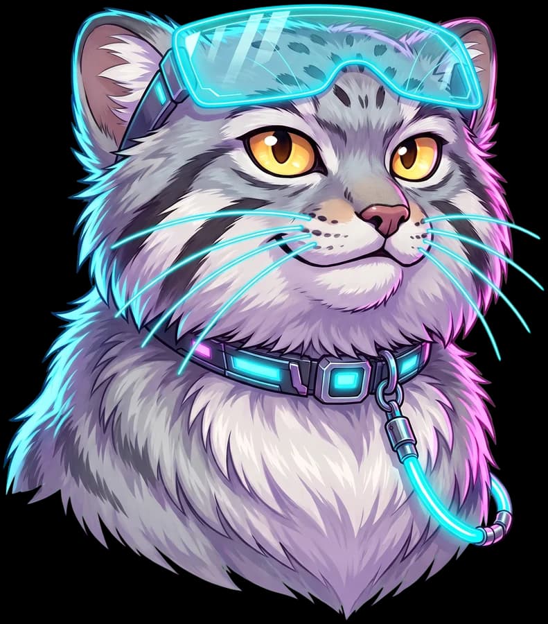 manul, the pallas cat, in cyber goggles and a lit collar